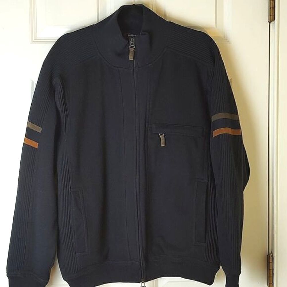 Giuliano Trico Men's Navy Wool Zip Front Sweater Academia Grandpa Jacket